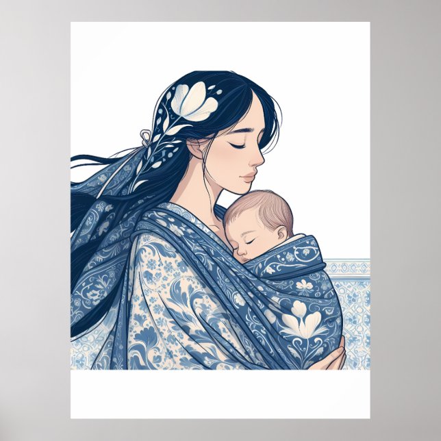 Poster Mère et Bébé – Étreinte Florale Bleue Art (Devant)