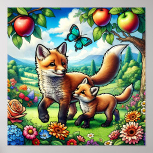 Poster Mère et bébé renard mignons dans un jardin de fleu