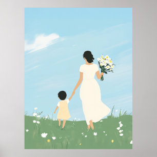 Poster Mère et enfant dans une prairie en fleurs