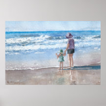 Mère et enfant Vagues de bord de mer Aquarelle