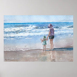 Poster Mère et enfant Vagues de bord de mer Aquarelle