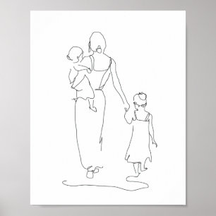 Poster Mère et Enfants Line Art, Illustration de famille