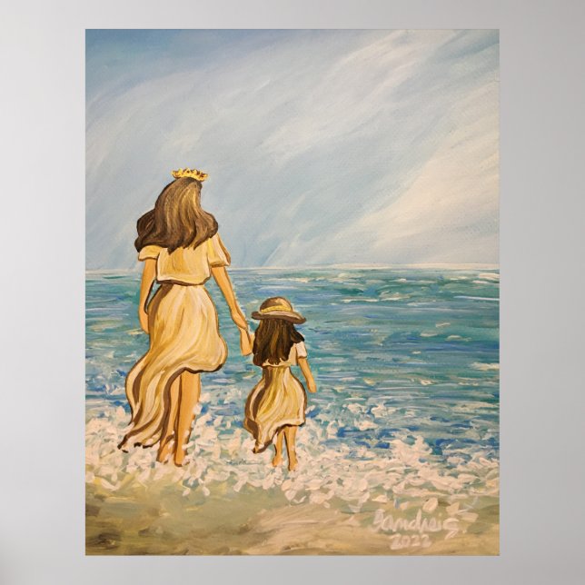Poster Mère et fille marchent sur la plage (Devant)