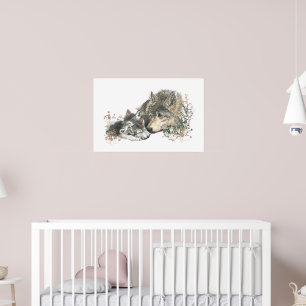 Poster Mère loup et louveteaux à l'aquarelle, art animali