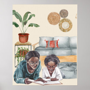 Poster Mère noire et fille lisant ensemble Wall Art