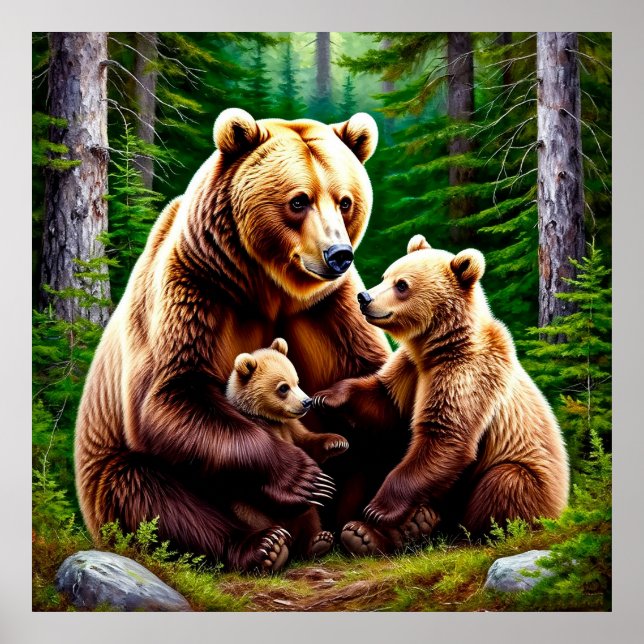 Poster Mère Ours avec des oursons dans un cadre forestier (Devant)