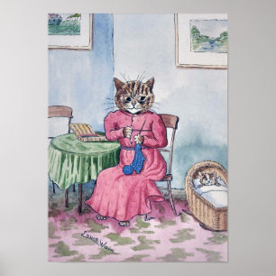 Poster Mère tricotant avec un chaton dans le berceau, Lou