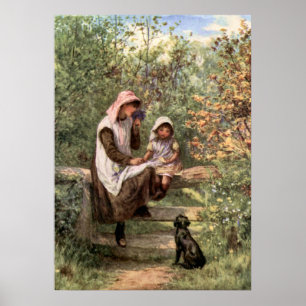 Poster Mère vintage et enfant dans un arrangement de pays
