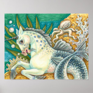 POSTER MERHORSE & OCTOPUS BLANC, CHEVAL UNICORN IMAGINAIR