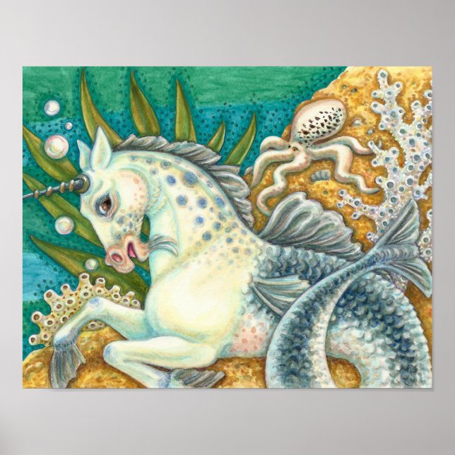 POSTER MERHORSE & OCTOPUS BLANC, CHEVAL UNICORN IMAGINAIR (Devant)