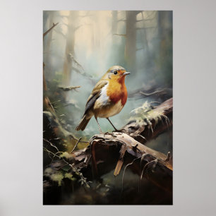 Poster Merle dans l'imprimé mural de la forêt, oiseau rus
