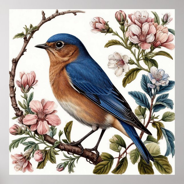 Poster Merlebleu perché parmi les fleurs épanouies (Devant)