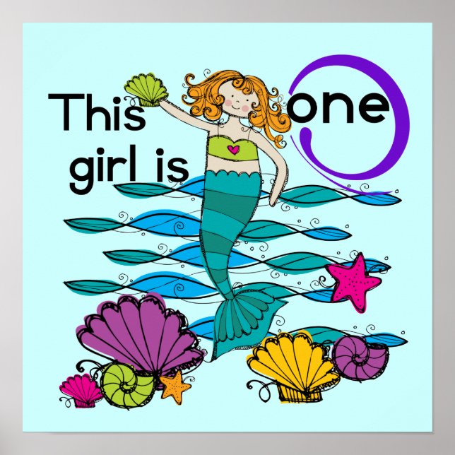 Poster Mermaid 1er Anniversaire Tshirts et cadeaux (Devant)