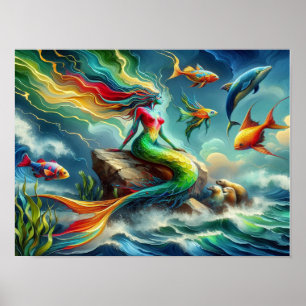 Poster Mermaid assis sur le rocher entouré de Whimsical 1
