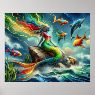 Poster Mermaid assis sur le rocher entouré de Whimsical 1