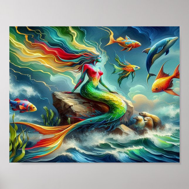 Poster Mermaid assis sur le rocher entouré par Whimsical  (Devant)