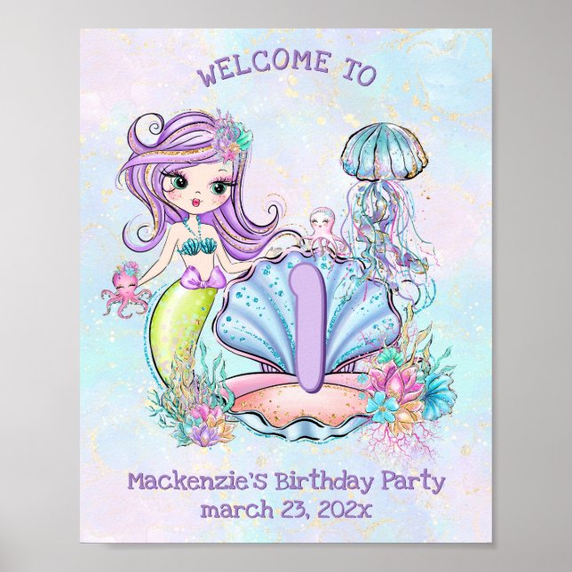 Poster Mermaid Premier anniversaire | Bienvenue à la fête (Devant)