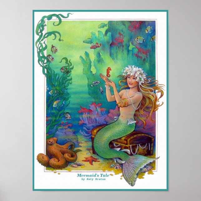 Poster Mermaid, Seahorse et Octopus Original Art (Devant)