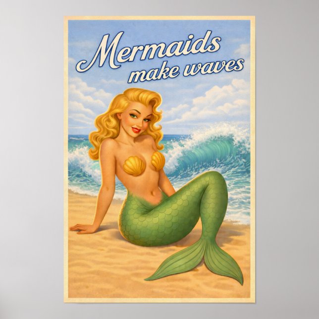 Poster Mermaids Make Waves Retro Pin-Up Coastal Beach Art (Devant)