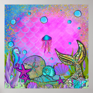 Poster Mermaiers & Sea Shells Pink Sparkly Anniversaire
