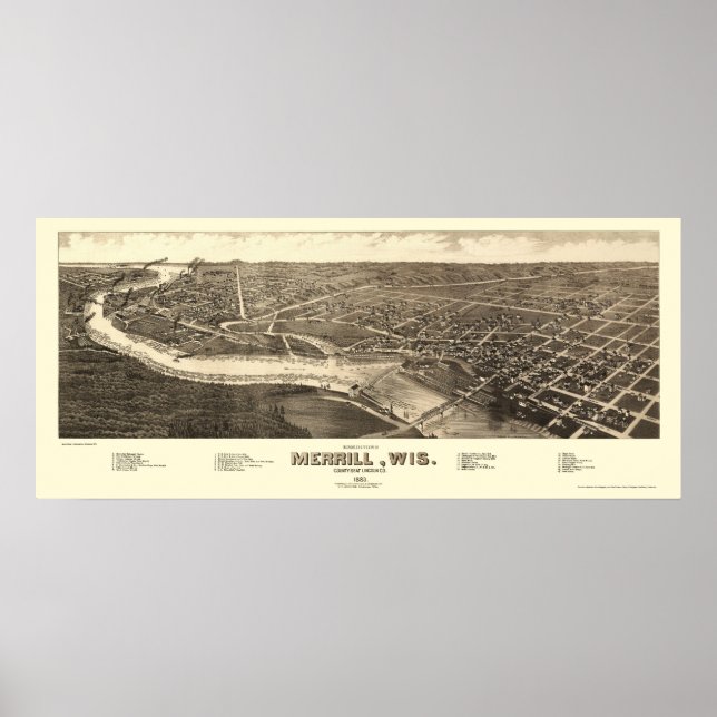 Poster Merrill, WI Carte panoramique - 1883 (Devant)