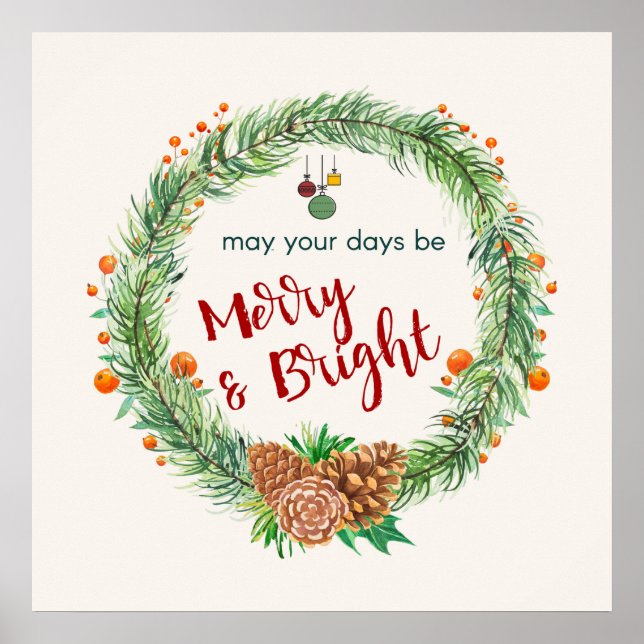 Poster Merry & Bright Christmas Wreath (Devant)