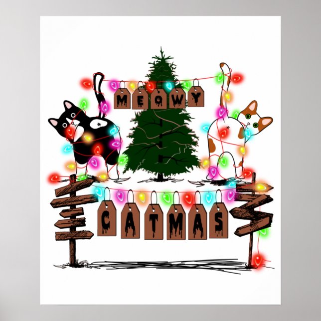 Poster MERRY CATMAS, Beau cadeau de Noël de chat, Chat X- (Devant)