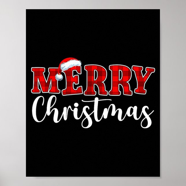 Poster Merry Christmas Buffalo Plaid Red Santa Hat Xmas P (Devant)