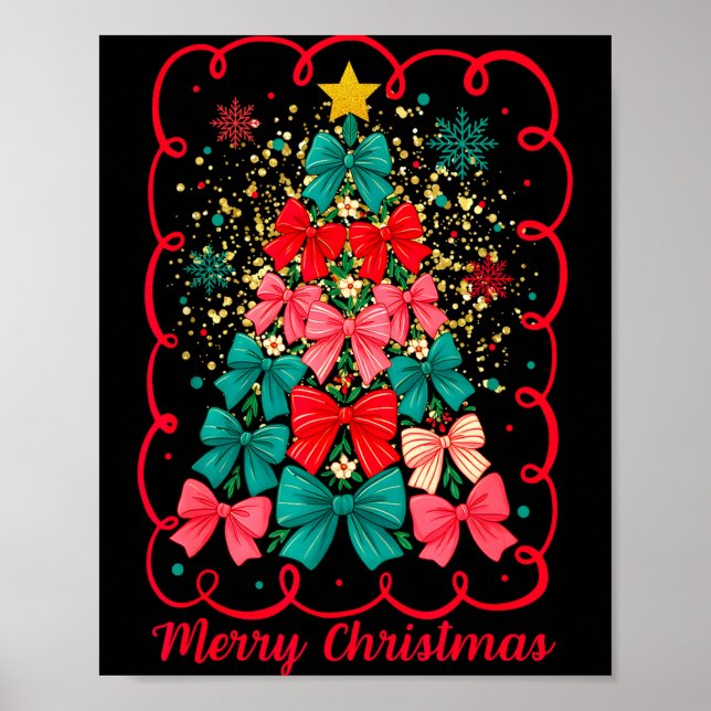 Poster Merry Christmas Coquette Bow Tree Retro Xmas For W (Devant)