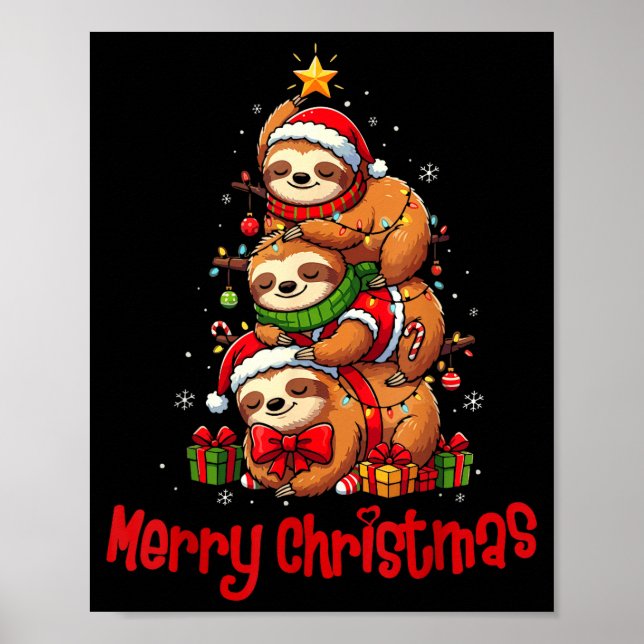 Poster Merry Christmas Cute Sloth Santa Hat Slothmas Anim (Devant)
