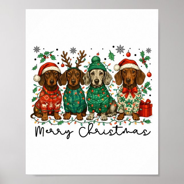 Poster Merry Christmas Dachshund Dog Retro Xmas Puppy Men (Devant)