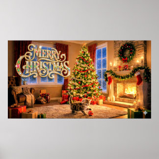 Poster Merry Christmas Decorative Artwork with Kitten #2