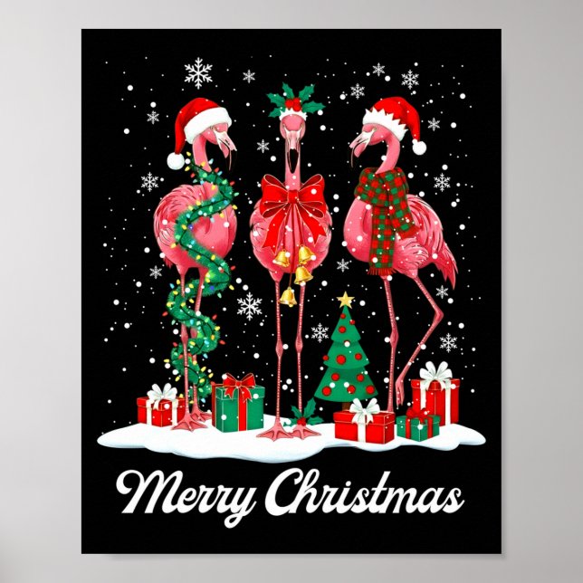Poster Merry Christmas Flamingo Santa Hat Christmas Light (Devant)