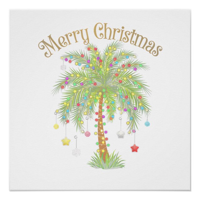 Poster Merry Christmas Palm Tree Light New Year Tropical  (Devant)