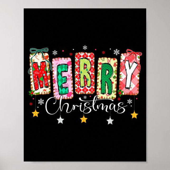 Poster Merry Christmas Patchwork Coquette Bow Xmas Girl W (Devant)