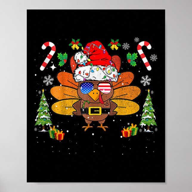 Poster Merry Thanksmas Happy Thanksgiving Santa Turkey Xm (Devant)