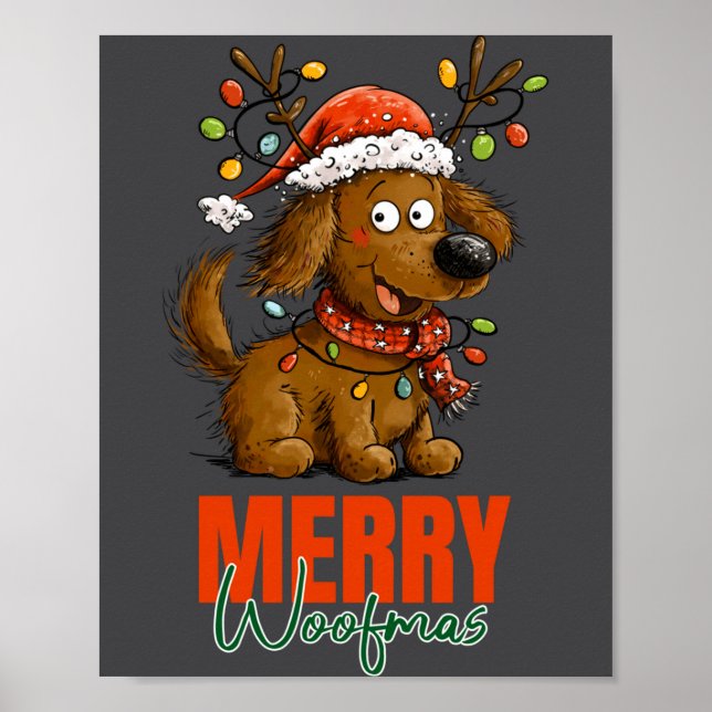 Poster Merry Woofmas Dog Cute Christmas Lights Puppy Long (Devant)