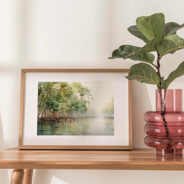 Poster Merveille de la mangrove : aquarelle des mangroves (Watercolor print depicting the vibrant beauty of coastal mangroves, where lush greenery meets water.)