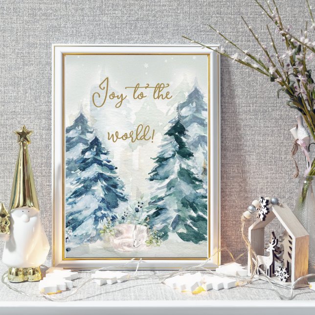 Poster Merveilles de l'hiver des neiges Bois Animal (Winter Wonderland "Joy to the world" Woodland animal surrounded by Christmas Trees.)