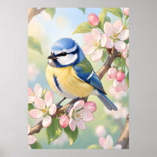 Poster Mésange bleue à l'aquarelle sur un pommier au prin
