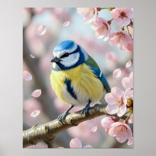 Poster Mésange bleue sur cerisier en fleurs Printemps