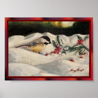 Poster Mésange et gui sur la neige hivernale de Noël P