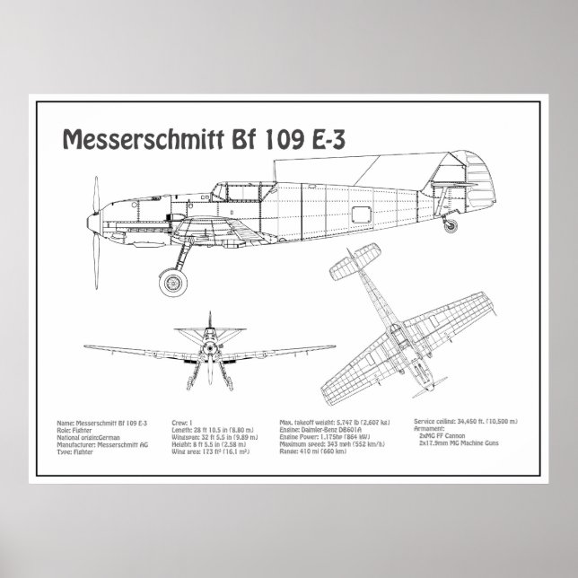 Poster Messerschmitt Bf 109 - Plan d'avion BD (Devant)