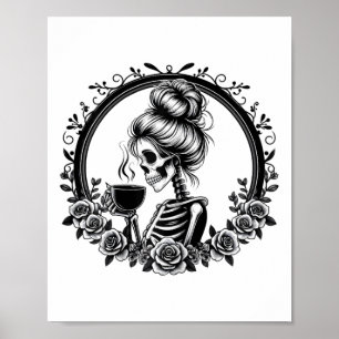 Poster Messy Bun Skeleton Boire Café Vintage Hallowe