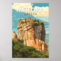 Meteora Grèce Illustration Voyage Art Rétro