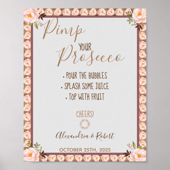 Poster Mettez votre Prosecco Pink Floral Frame de mariage (Devant)