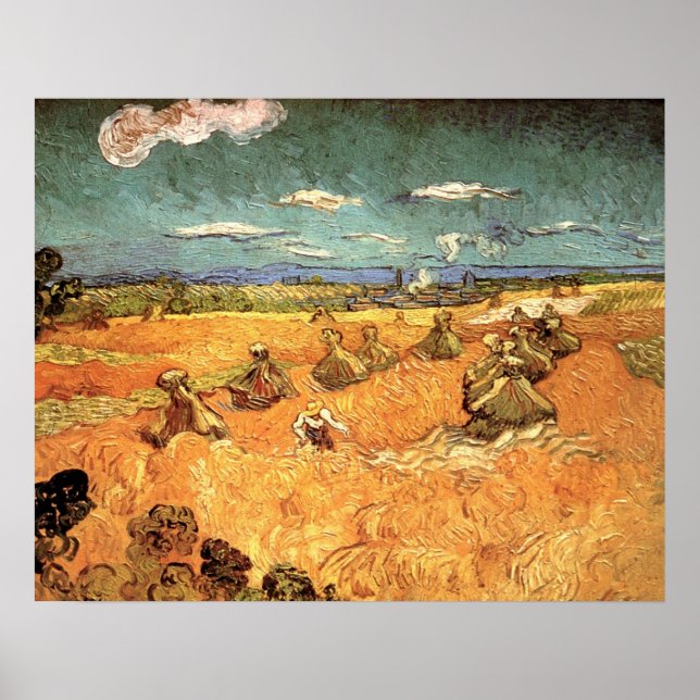 Poster Meules avec moissonneuse de Vincent van Gogh (Devant)