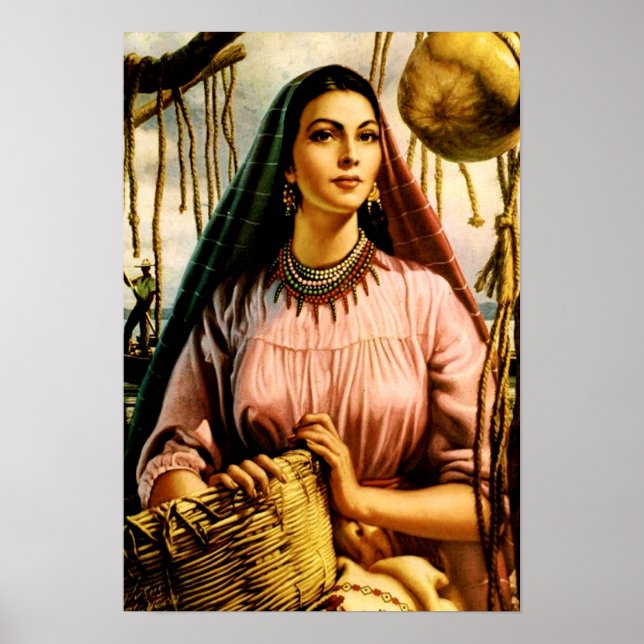 Poster Mexicaine, jolie fille de calendrier sur un bateau (Devant)