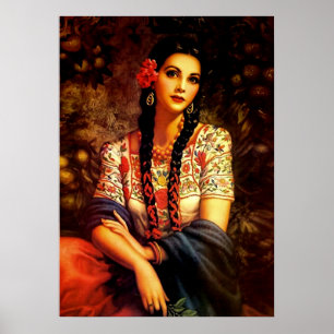 Poster Mexicaine Vintage fille avec tresses longues