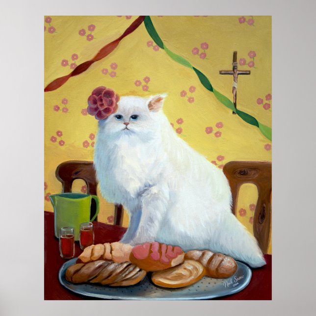 Poster Mexican Folk Inspired White Cat Wall Art (Devant)